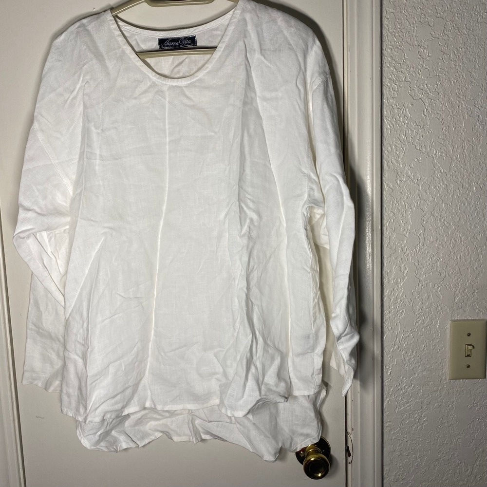 Aurea Vita Stockholm Margo White 100% Linen Long Sleeve Tunic‎ Top  S EU Made